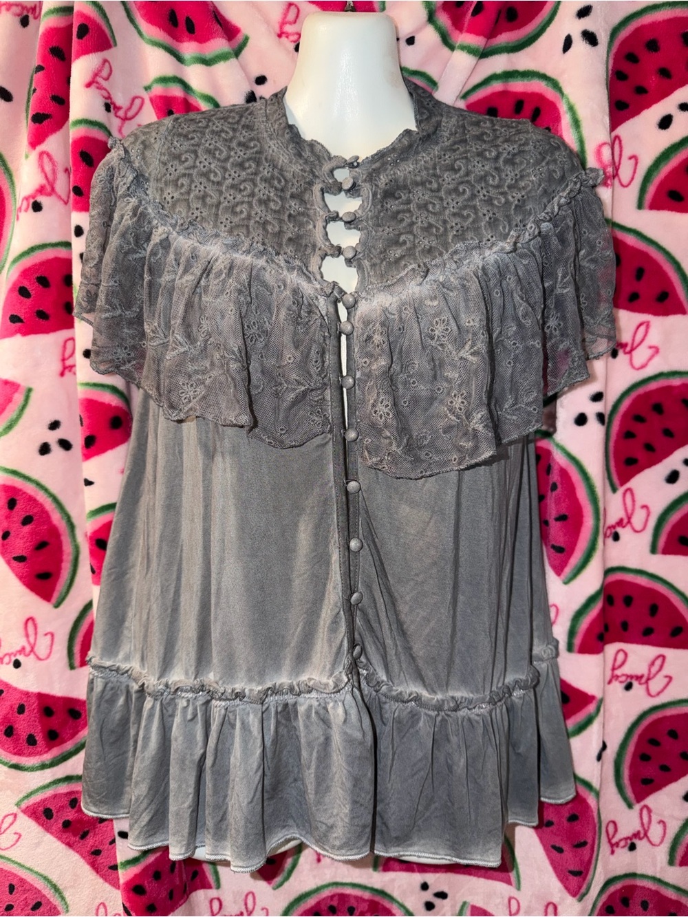 🩶 POL Eyelet Ruffle Button-Front Blouse